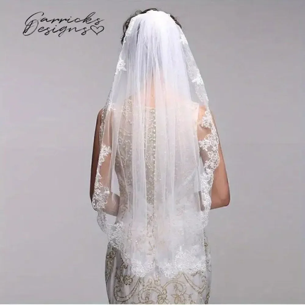 Embroidered Lace and Gems Edge Fingertip Bridal Wedding Veil White With Comb